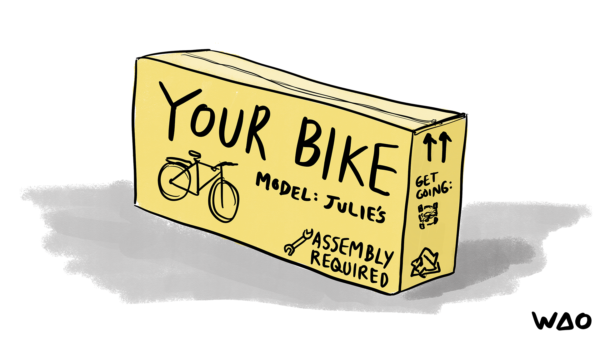 Box saying "Your Bike. Model: Julie's. Assembly Required."