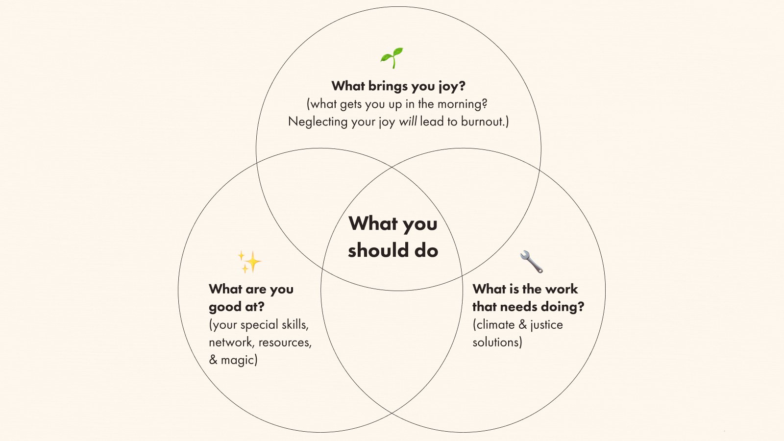 Venn diagram: "What brings you joy?" / "What is the work that needs doing?" / "What are you good at?" (in the centre is "What you should do")